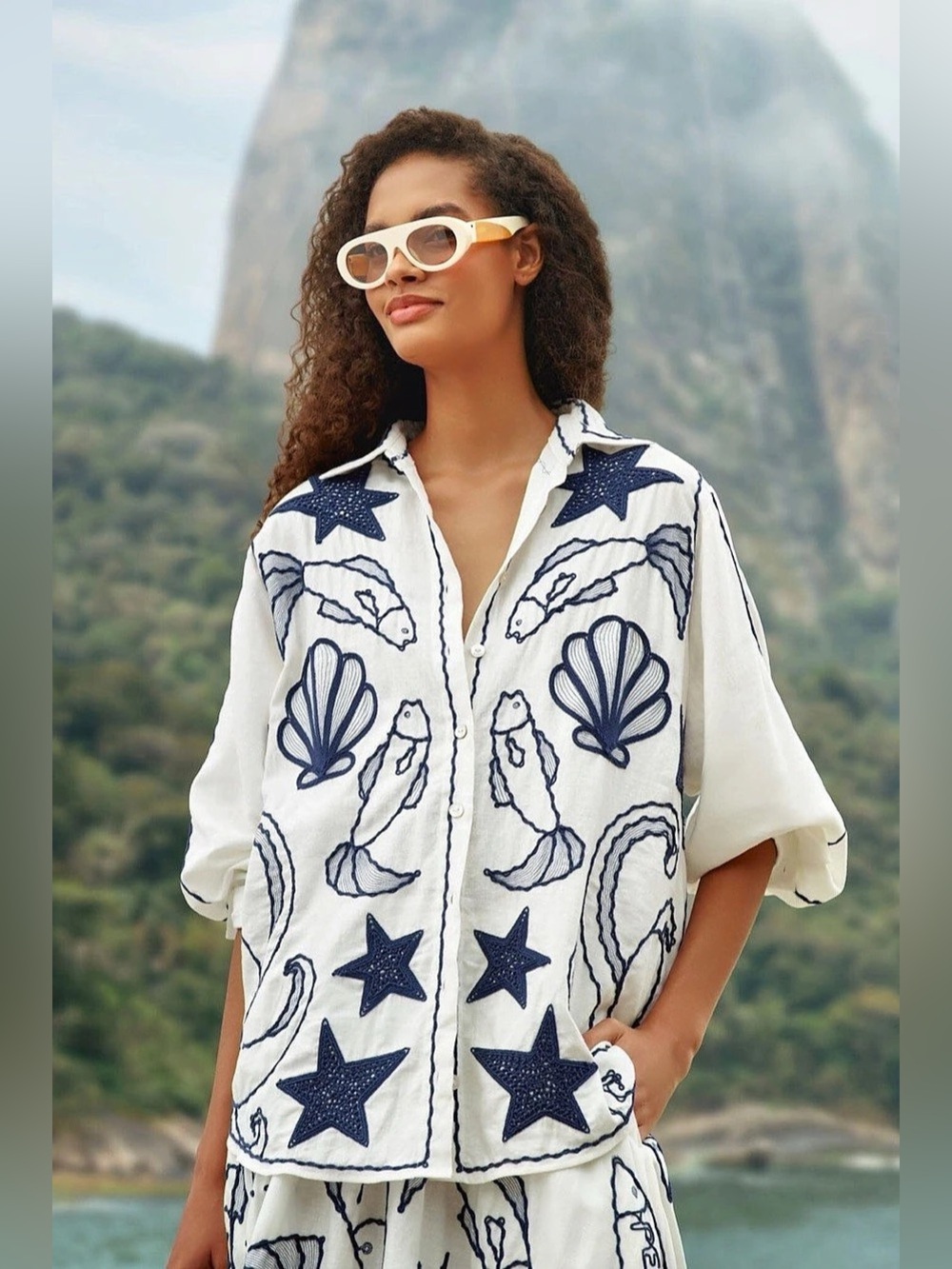 Farm Rio Fresh Fish Embroidered Puff Sleeve Shirt